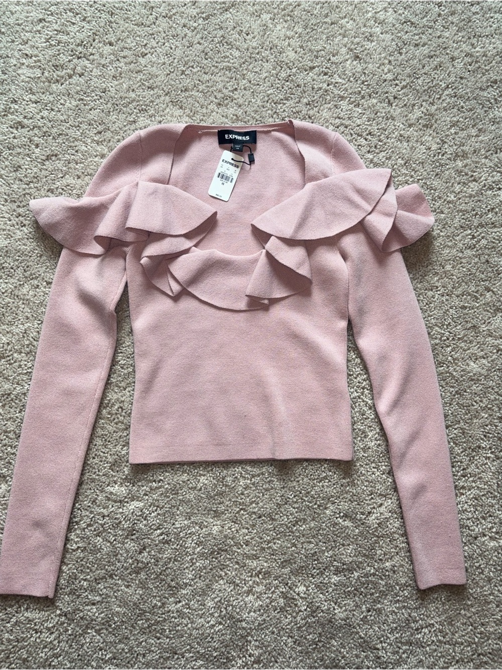 Express NWT Dusty Pink Double Ruffle Sweetheart Sweater Knit Top Coquette XS